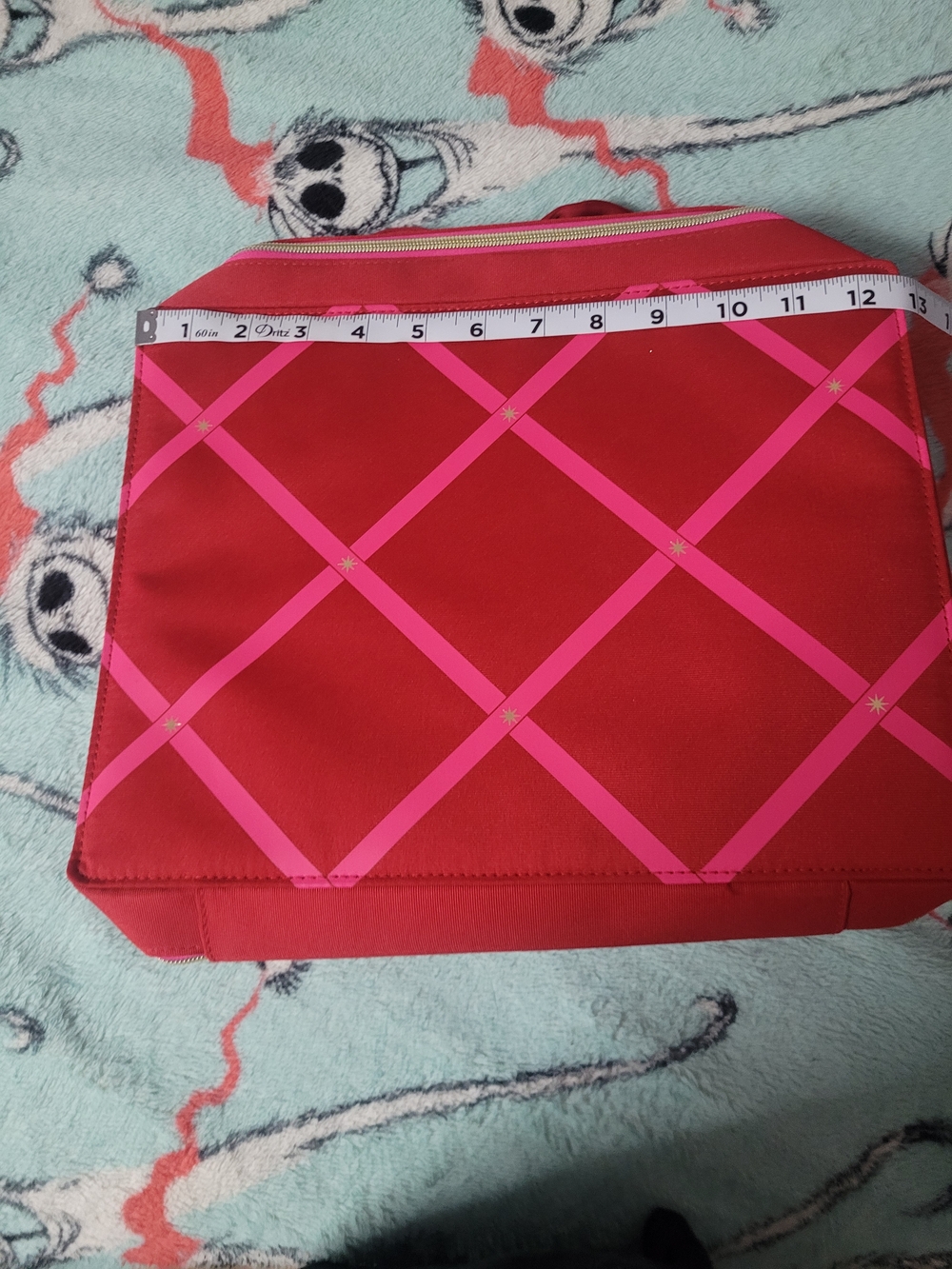 Red Cosmetic Pouch with Pink Lattice Accent 12×9